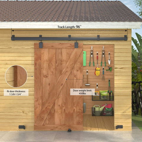 8Ft Black Exterior Barn Door Hardware Kit with sliding rail track mounted above wooden shed, includes five brackets