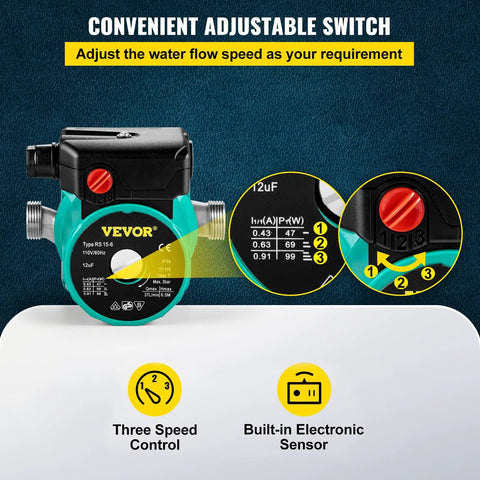 Hot Water Recirculating Pump 93W 110V With Stainless Steel Head, Convenient Adjustable Switch, Three Speed Control, Sensor