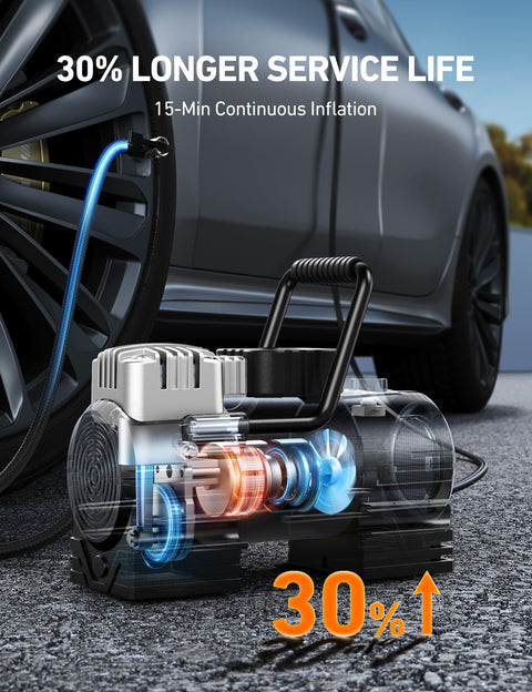 Portable Tire Inflator Air Compressor For Car And Bike 12V DC Digital Gauge Up To 150 PSI shown inflating car tire on road