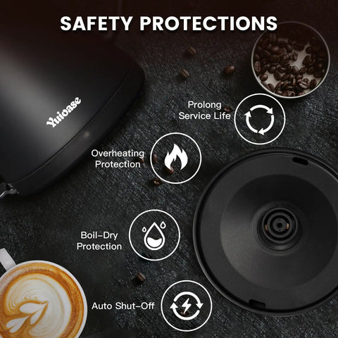 Gooseneck Electric Kettle With 304 Stainless Steel Build Auto Shutoff And Anti Dry Protection For Pour Over Coffee And Tea Matte Black 1.0L 1200W Fast Boil No Plastic Contact BPA Free on counter with safety features.