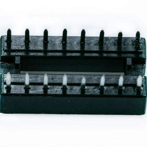 16 Pin DIP IC Socket, 2 Row, 2.54mm Pitch, Solder Type DIP Socket Adapter For PCB Boards, black plastic, front view