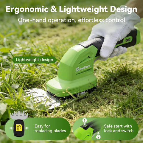 2-In-1 Cordless Hedge Trimmer And Grass Shear, Lightweight Handheld Yard Tool With Rechargeable 7.2V Battery And Type C Cable, shown in a garden.