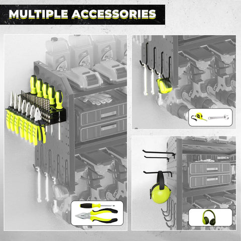 Power Tool Organizer With Built In Charging Station And Eight Outlet Power Strip Workhorse Large Wall Mount Drill Holder displaying tools