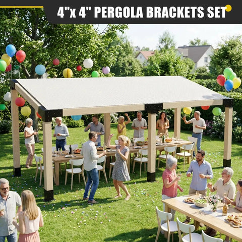4x4 Woodworks Pergola Brackets Kit With 15 Degree Three Way Brackets 75 Degree Three Way Brackets And Four Posts Heavy Duty Steel Construction With Black Powder Coat Durable Outdoor Slanted Roof Support Kit For Pergolas installed in backyard.