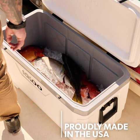 Latitude Marine 100 Quart Cooler with Cool Riser, open, filled with fish, ultra white finish, made in the USA.