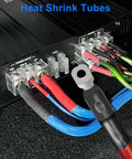 Beefy 0 Gauge Wire Terminal Connectors Kit With 1/0 AWG Car Battery Cable Butt Connectors setup on amplifier, heat shrink tubing visible