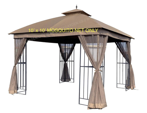 Universal 10x10 Gazebo Mosquito Netting Replacement Tan with tan fabric trim, zippers on each side, installed view