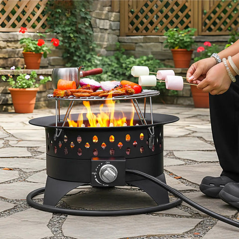 20 Inch Outdoor Fire Pit With Grill, Smokeless Propane Burner Delivers 60000 BTU Heat, Adjustable Flame, Foldable Chrome Cooking Grate