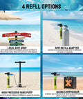 Four options for refilling Mini Scuba Tank Pony Bottle With Adapter For Underwater Practice Snorkeling And Shallow Water Diving 0.5 L 3.5 Cu Ft.