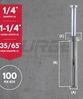 One Quarter By One Quarter Inch Hammer Drive Concrete Anchor Nail 100 Per Box For Concrete Block And Brick With Mushroom Head Fasteners Carbon Steel Nail And Zamac Alloy Body Corrosion Resistant Tamper Proof Light Duty Fastening showing size details and packaging.