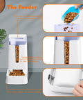 Two Pack Automatic Pet Feeder And Gravity Water Dispenser For Cats And Dogs showing top cap, transparent window, white build.