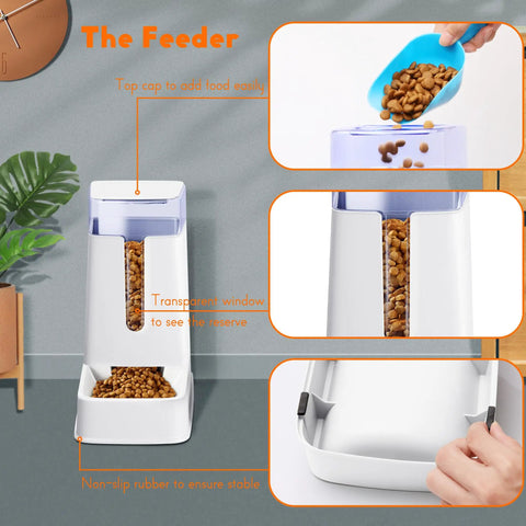 Two Pack Automatic Pet Feeder And Gravity Water Dispenser For Cats And Dogs showing top cap, transparent window, white build.