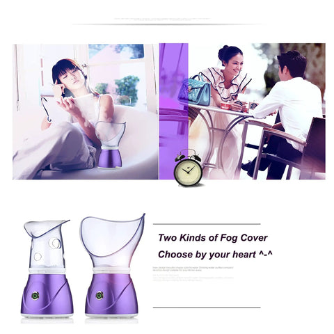 Woman using At Home Facial Steamer For Spa Level Steam And Sinus Inhaler Delivers Soothing Hydration For Skin in Purple