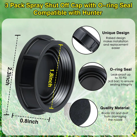3 Pack Sprinkler Head Cap Set For Hunter Pro Spray Sprinklers With Fluoroelastomer Seals, Black Cap With O Rings, Replacement For PROS04 PROS06 PROS12 PRS30 PRS40 with dimensions and features shown