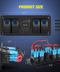 Front and side views of 4 Gang Rocker Switch Panel With QC3.0 Dual USB Charger Voltmeter Waterproof Night Glow Stickers 12V-24V DC.