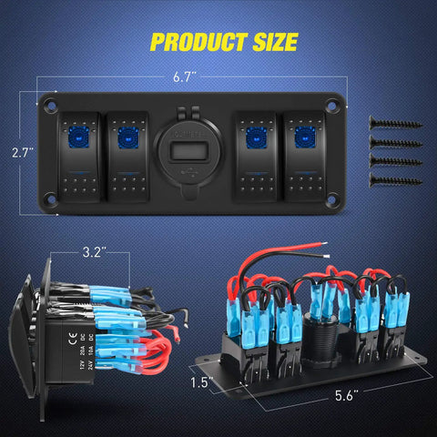 Front and side views of 4 Gang Rocker Switch Panel With QC3.0 Dual USB Charger Voltmeter Waterproof Night Glow Stickers 12V-24V DC.