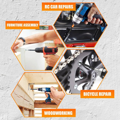 Impact Driver Hex Bit Set 41 Piece 2 Inch And 4 Inch Long in use for RC car repairs, furniture assembly, woodworking, and bicycle repair