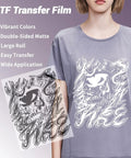 Image of a woman wearing a t-shirt with skull design and a DTF Transfer Film held next to it for printing custom tees.