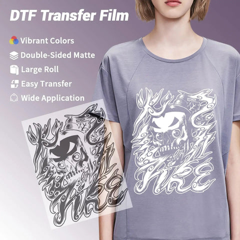 Image of a woman wearing a t-shirt with skull design and a DTF Transfer Film held next to it for printing custom tees.