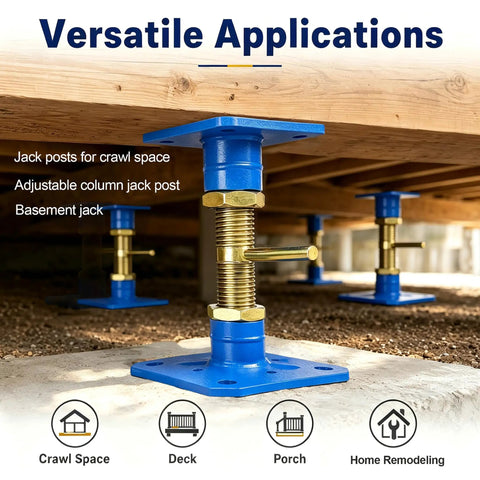 Heavy Hitter House Jacks For Permanent Leveling Built Like A Tank Adjustable Screw Support Post 10000lb Blue Carbon Steel Beam Foundation And Attic Structural Jack used for crawl spaces and basements.