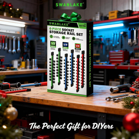 Six Piece Socket Organizer Rail Set With 360 Degree Swivel Clips box on workbench in a garage setting