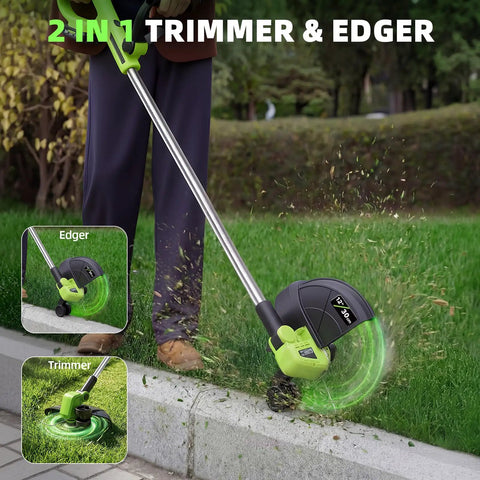Cordless 21V Weed Wacker And Lawn Edger 9000 RPM Power 12 Inch Cutting Width in use on lawn edge