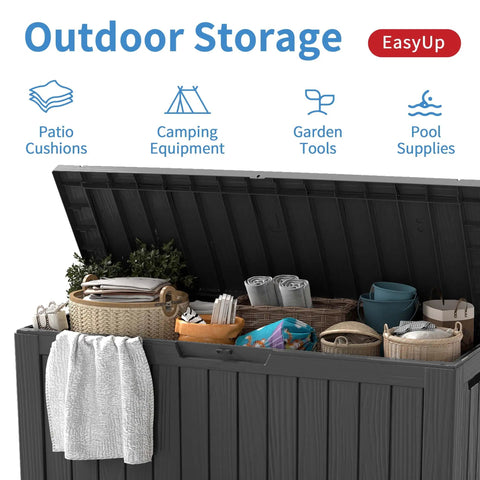 85 Gallon Outdoor Storage Box Resin Deck Box Waterproof UV Resistant With Reinforced Stability For Patio Garden And Poolside Striped Black Built To Last Storage For Cushions Toys And Tools open with items inside.