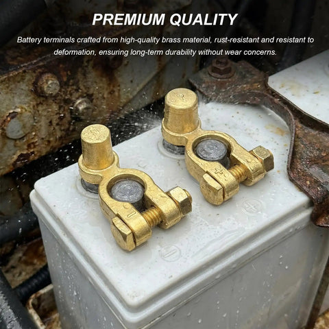 Slick SAE To JIS Battery Terminal Converters 2 Piece Quick Release Top Post Clamps on a battery, showcasing brass resilience.