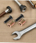 Wood Threaded Insert Kit For Furniture Repair 50 Pcs with metal bolts and wrench on burlap surface