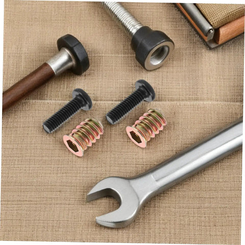 Wood Threaded Insert Kit For Furniture Repair 50 Pcs with metal bolts and wrench on burlap surface