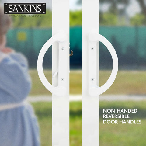 Sturdy White Diecast Sliding Patio Door Handle Pull Set Featuring Smooth Unkeyed Rotation For Mortise Lock Glass Doors. Non-handed reversible design.