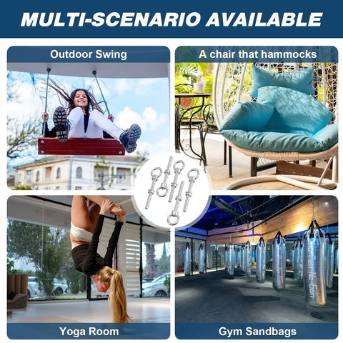 Various installations using Metric M10 Eye Bolts 5 Pack Heavy Duty Stainless Steel 3/8 In By 4 In, including swings, chairs, gyms.