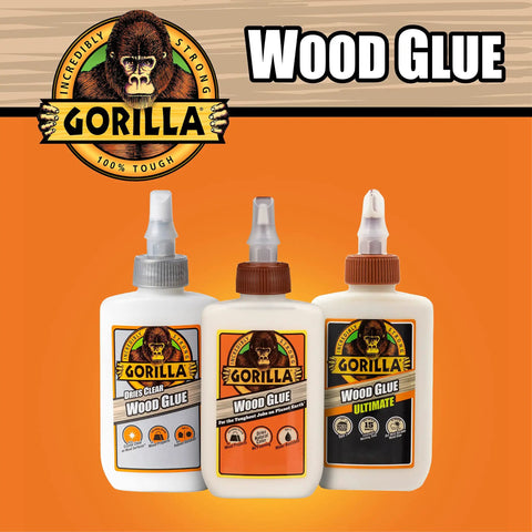 Three bottles of Gorilla Wood Glue on orange background; includes Dries Clear variant