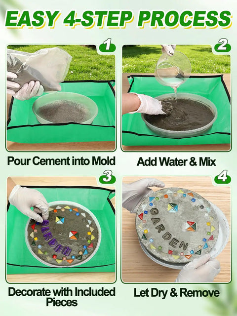 All In One 10 Inch Stepping Stone Kit With Cement Mix Concrete Molds Mosaic Tiles Carving Tools Letter And Number Stamps Gloves And Mat easy 4-step process
