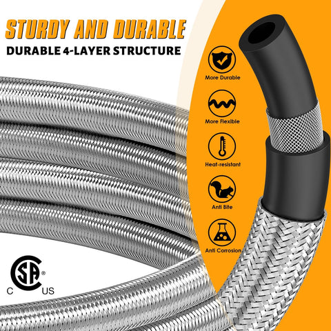 6 Ft High Pressure Propane Hose Extension with Conversion Couplings for BBQ Grill Fire Pit and Heater, braided steel close-up