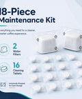 2 Water Filters And 16 Cleaning Tablets For Ninja Luxe Cafe Espresso Machine Replacement Kit Easy Maintenance Solution To Keep Your Coffee Maker Tasting Fresh And Running Smoothly With High Quality Supplies laid out in a clean maintenance kit.