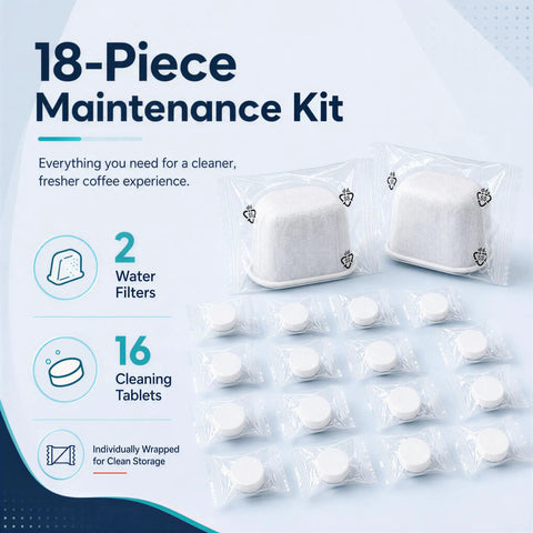 2 Water Filters And 16 Cleaning Tablets For Ninja Luxe Cafe Espresso Machine Replacement Kit Easy Maintenance Solution To Keep Your Coffee Maker Tasting Fresh And Running Smoothly With High Quality Supplies laid out in a clean maintenance kit.