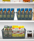 Six Pack Wire Storage Baskets Set, Durable Metal Mesh Organizers In Gray holding snacks and cans on a pantry shelf