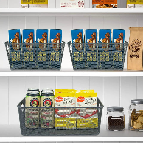 Six Pack Wire Storage Baskets Set, Durable Metal Mesh Organizers In Gray holding snacks and cans on a pantry shelf