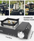 Portable Butane Gas Stove With Carrying Case For Outdoor Cooking Electric Ignition Precise Heat Control Great For Camping Hiking RV Trips Tailgating Patio Grilling And Emergency Use, shown with different cookware on black burner.