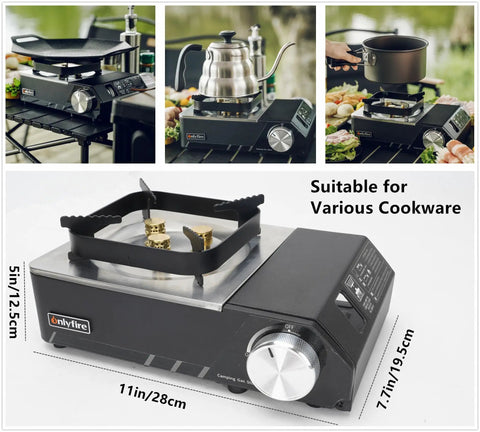 Portable Butane Gas Stove With Carrying Case For Outdoor Cooking Electric Ignition Precise Heat Control Great For Camping Hiking RV Trips Tailgating Patio Grilling And Emergency Use, shown with different cookware on black burner.