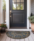 Semi-circular decorative doormat on porch in front of black door, surrounded by potted plants. Not Heavy Duty Rubber Back Entrance Mat 24x36 Inches For High Traffic Areas Doormat Front Door Rug Outdoor Grippy Non Slip Low Profile Grey Built Tough For Garage Patio.