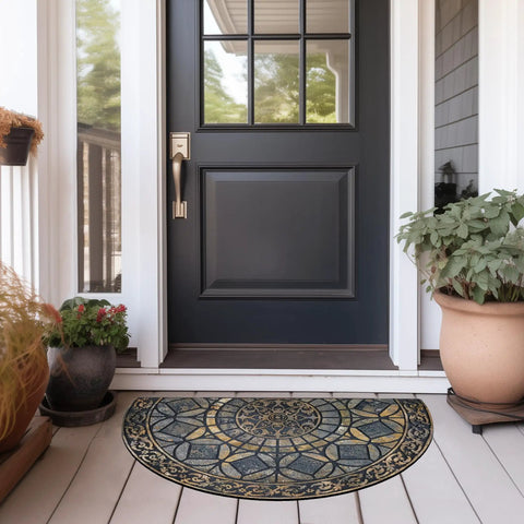 Semi-circular decorative doormat on porch in front of black door, surrounded by potted plants. Not Heavy Duty Rubber Back Entrance Mat 24x36 Inches For High Traffic Areas Doormat Front Door Rug Outdoor Grippy Non Slip Low Profile Grey Built Tough For Garage Patio.