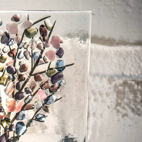 Close-up of Stained Glass Tree Night Light Plug In With Fused Glass Chips In Purple Green And Blue, detail view