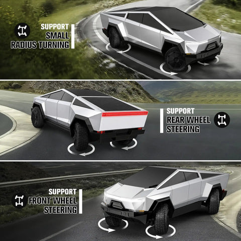 One Sixteen Scale RC Monster Truck with front and rear wheel steering, small radius turning, on various road surfaces