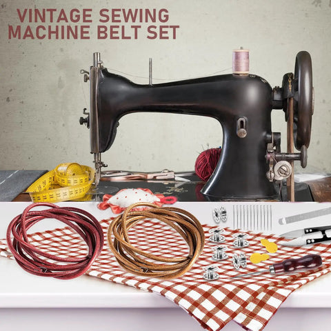 Two Pack Leather Heavy Duty Treadle Sewing Machine Belts 72 Inch 3 Sixteenth Inch Replacement With Hooks For Vintage Singer Jones Sewing Machines Plus 23 Accessories Kit, vintage machine set with belts and accessories