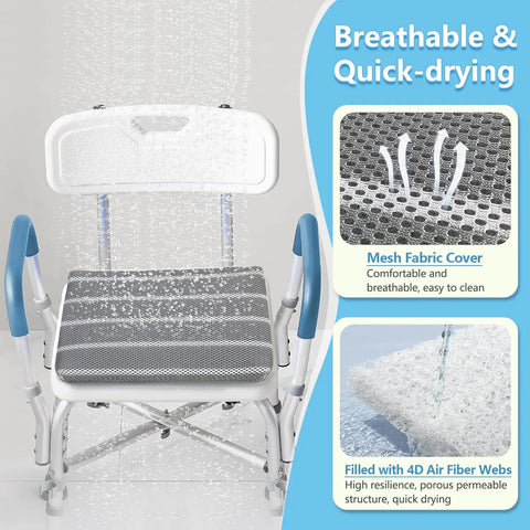 Shower Seat Cushion For Inside Shower And Bath Chair Pad Padded Transfer Bench Pillow For Seniors And Elderly Post Surgery Mobility Aid Non Slip Bath Seat Mat With 4D Mesh Pad And Hook shown in breathable mesh fabric with 4D air fiber webs.