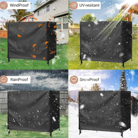3 Seater Outdoor Swing Cover Beefed Up All Weather Protection Waterproof Patio Hammock Garden Porch Swing Canopy UV Resistant Glider Chair Cover 80 X 59 X 72 Inch shown protecting against wind, sun, rain, and snow conditions.