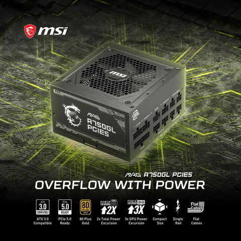 Fully Modular 750W Gaming Power Supply With 80 Plus Gold Compact ATX 3.1 PCIe 5.1 Ready Native Dual Color 12V 2 by 6 Pin Cable Built For Gamers On Modern Rigs Quiet Reliable Performance 10 Year Warranty MSI A750GL PCIe5 PSU