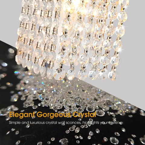 Gold Crystal 3 Light Vanity Wall Sconce for Bathroom Home with crystal beads chain close-up view.